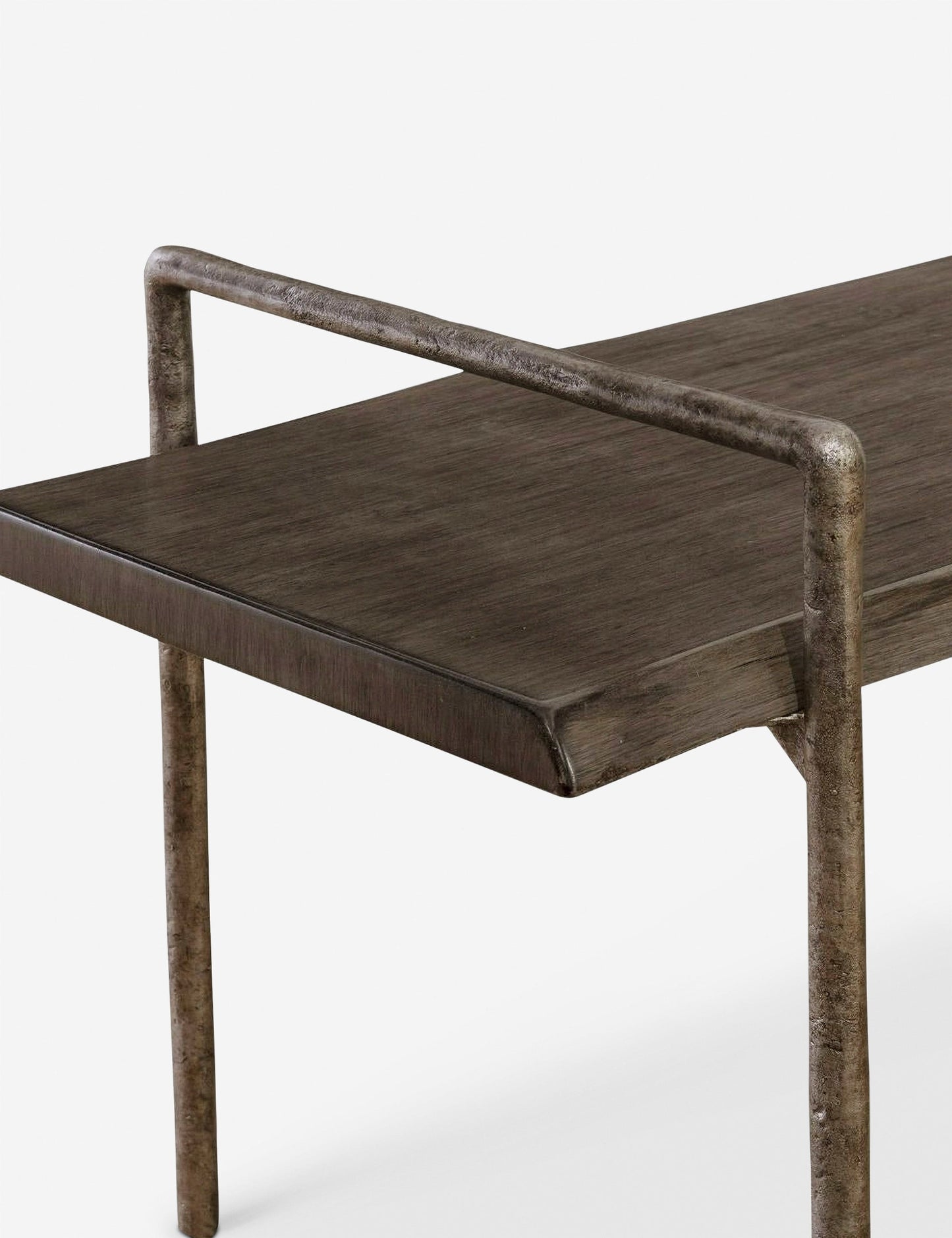 | Close up of the Indrani sleek wooden bench with iron frame.