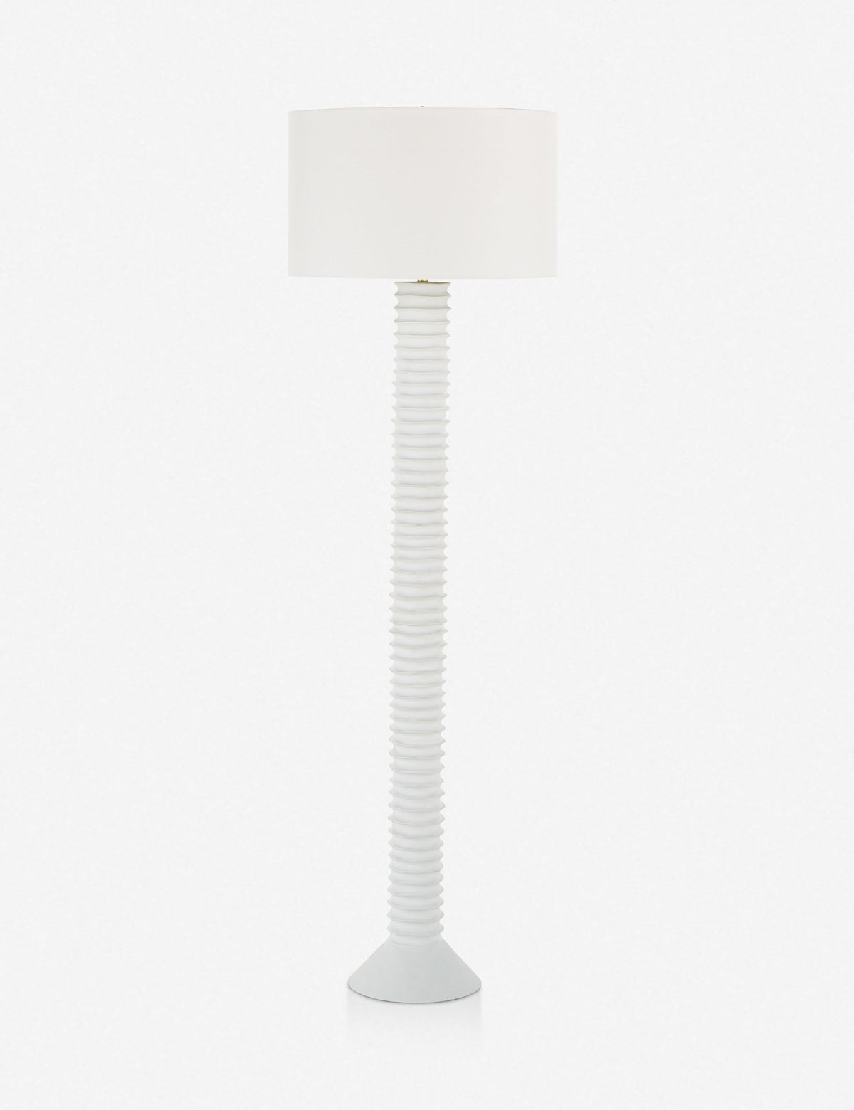 | Nabu white metal floor lamp with ribbed base and gold accents by Regina Andrew