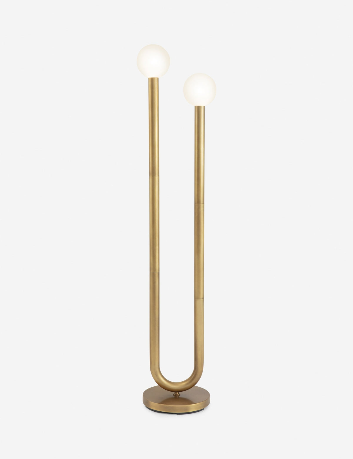 #color::natural-brass | Happy floor gold, natural brass lamp by Regina Andrew with a dual-metal tube silhouette with contrasting matte white bumbs