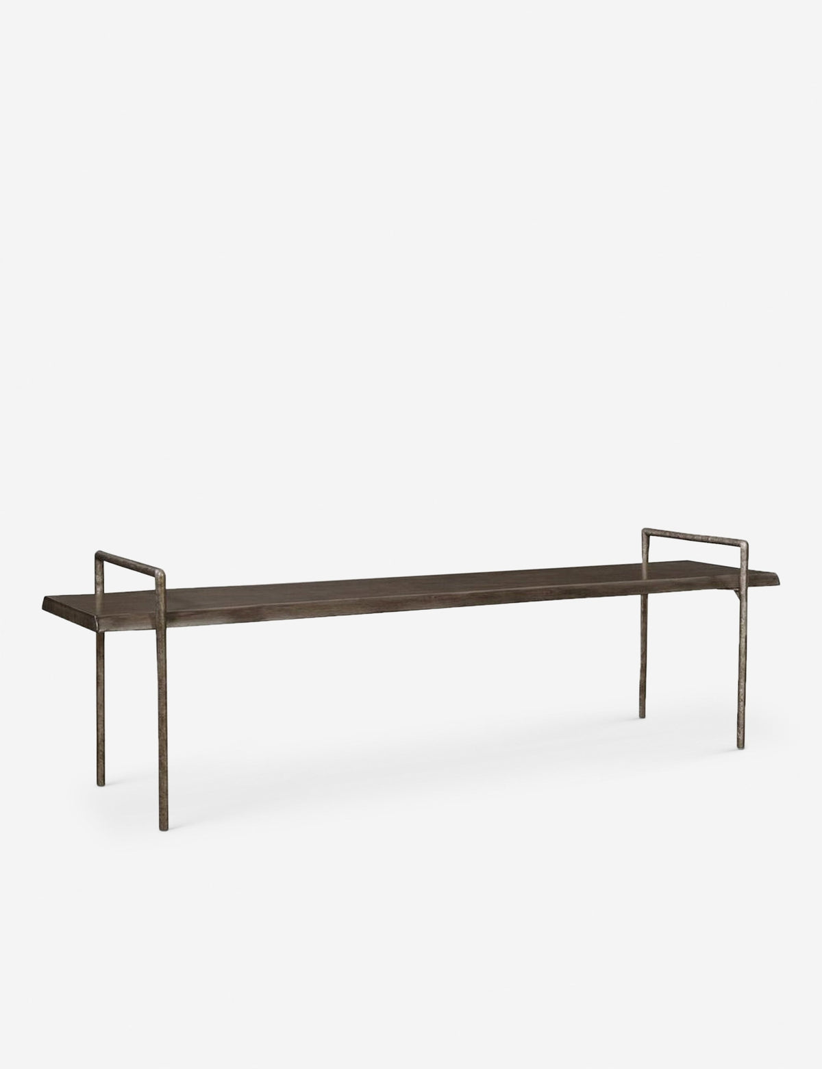 | Angled view of the Indrani sleek wooden bench with iron frame.