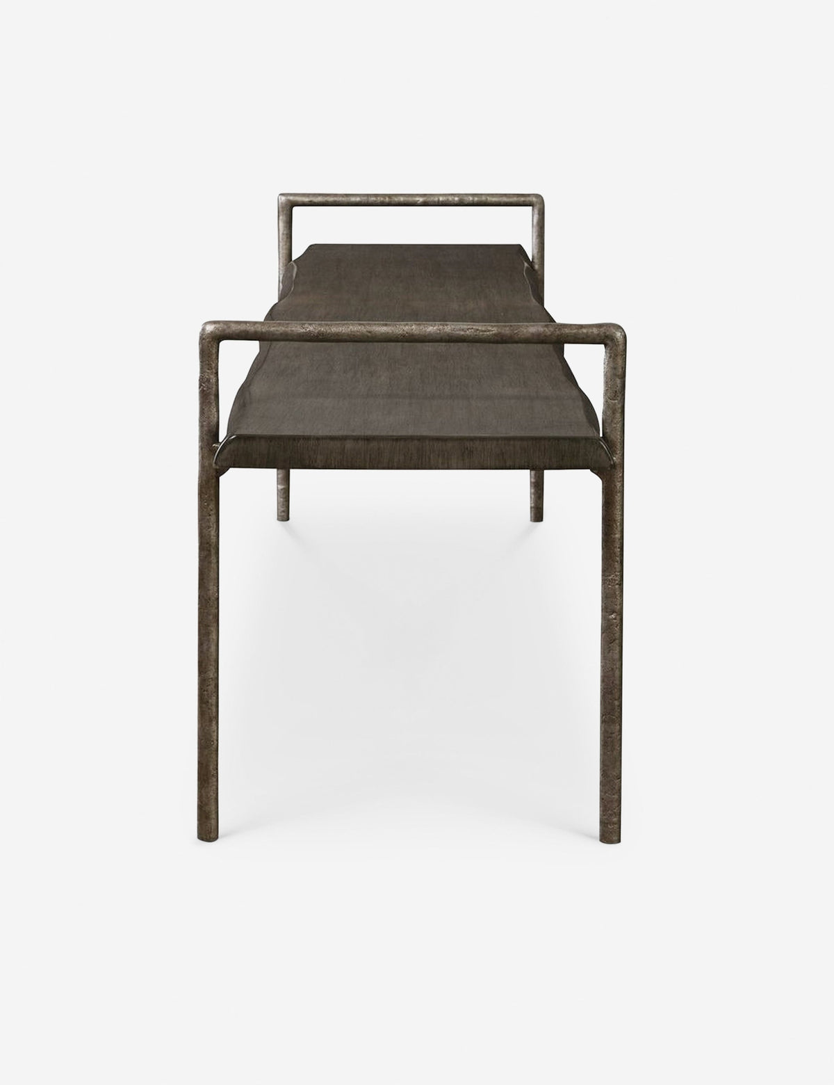 | Side profile of the Indrani sleek wooden bench with iron frame.