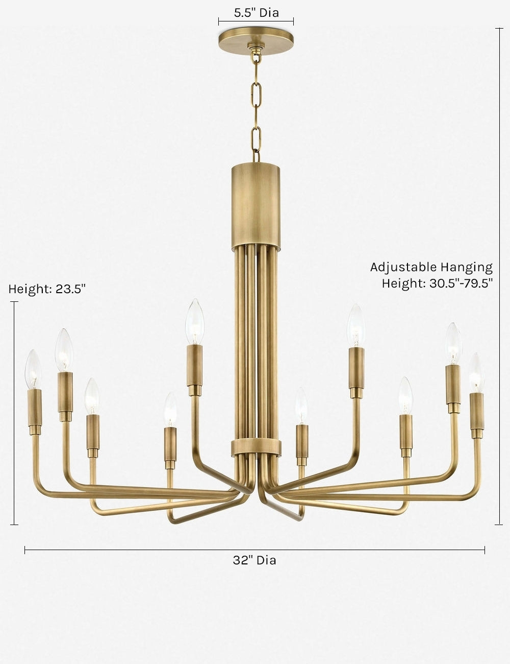 #color::gold #size::10-light | Dimensions on the Alexane aged-brass ten light Chandelier with candelabra-style bulbs
