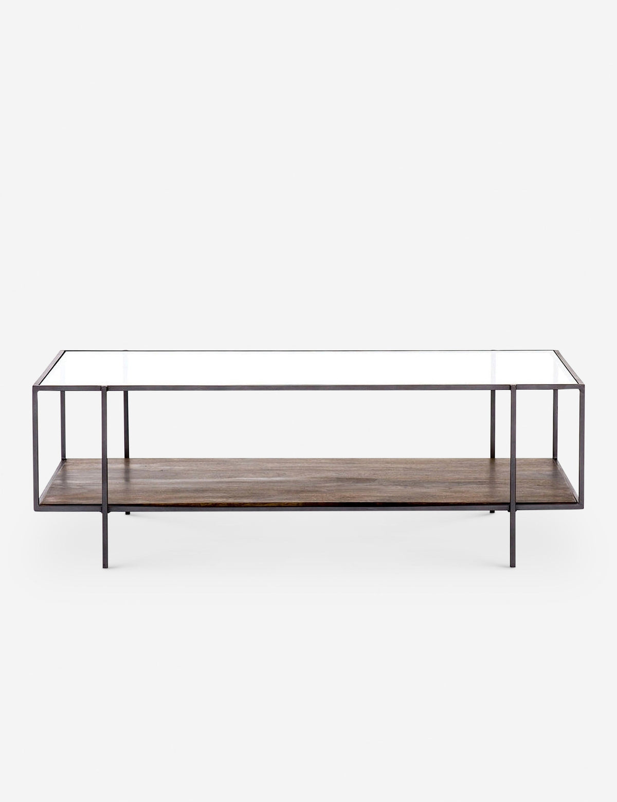 | Asher rectangular coffee table with a lower wooden shelf and top glass shelf