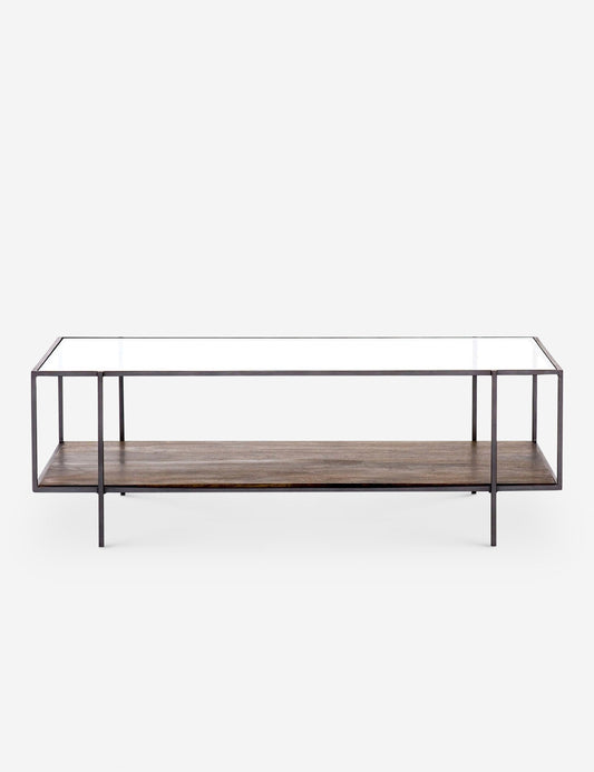 | Asher rectangular coffee table with a lower wooden shelf and top glass shelf
