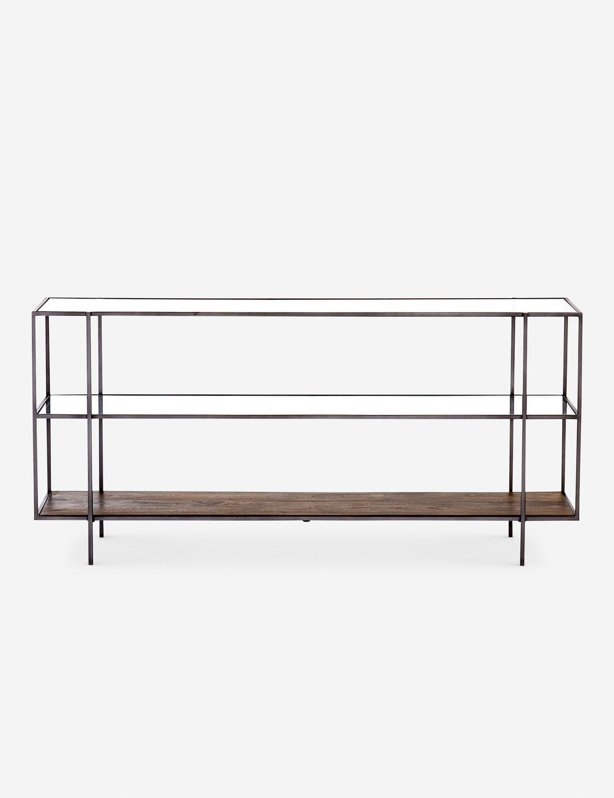 | Asher three-tiered coffee table with a wooden lower shelf and two glass upper shelves