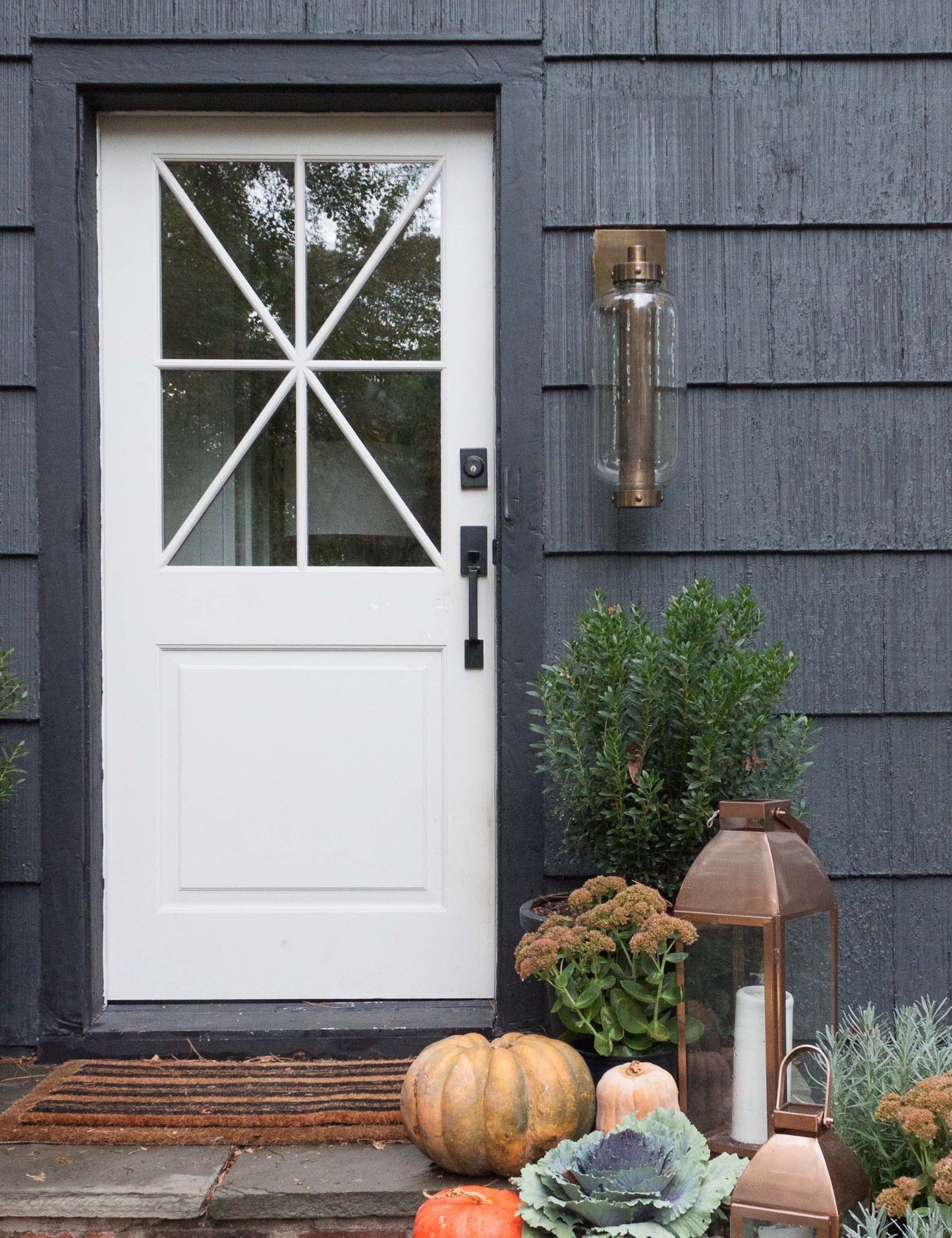 | The Romelia indoor and outdoor sconce with metal mesh encased bulb and brass hardware hangs out the exterior of a black paneled home to the right of a white door