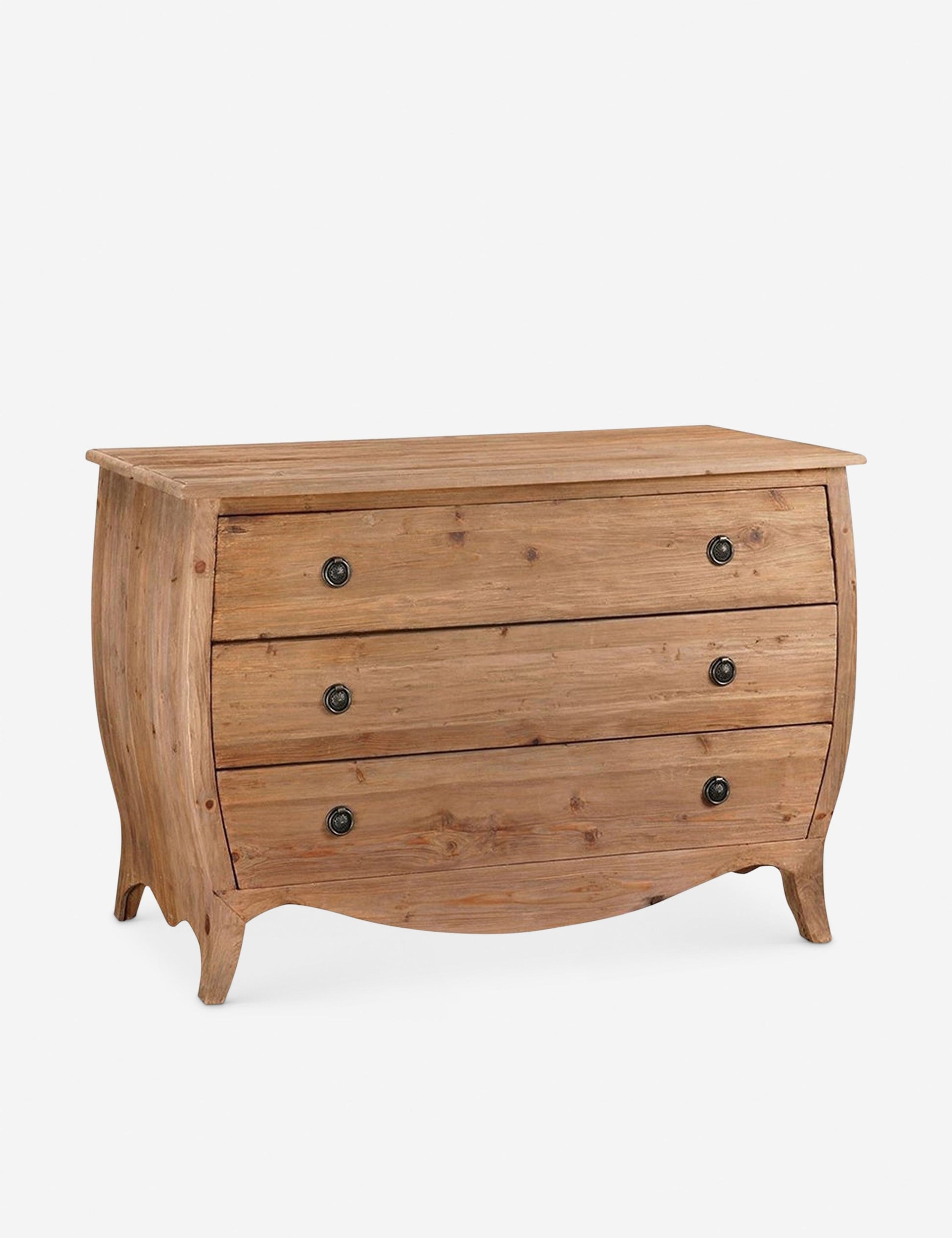| Bethany three drawer dresser with a curved silhouette and antiqued brass ring pulls