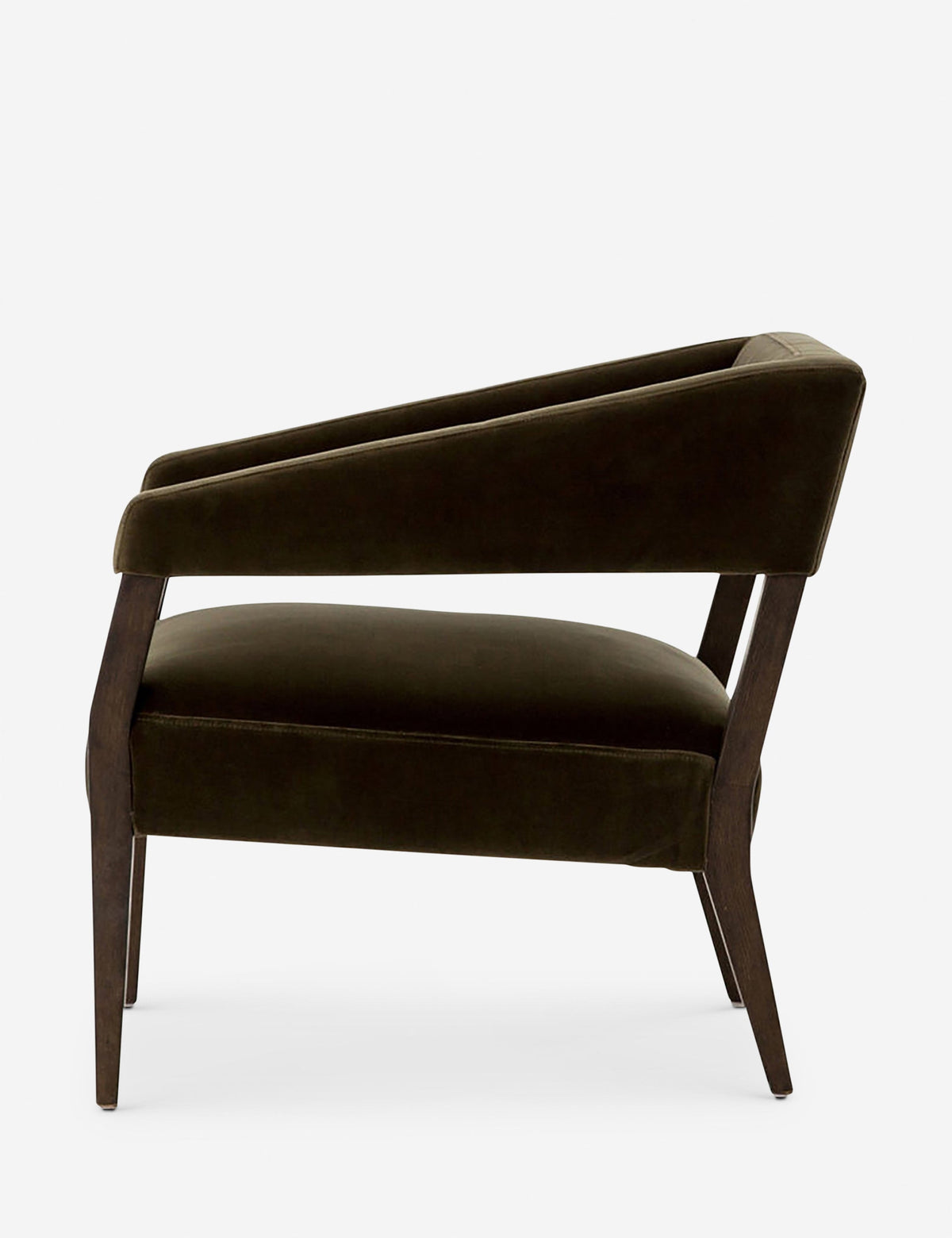 | Side view of the Lyssa olive velvet accent chair