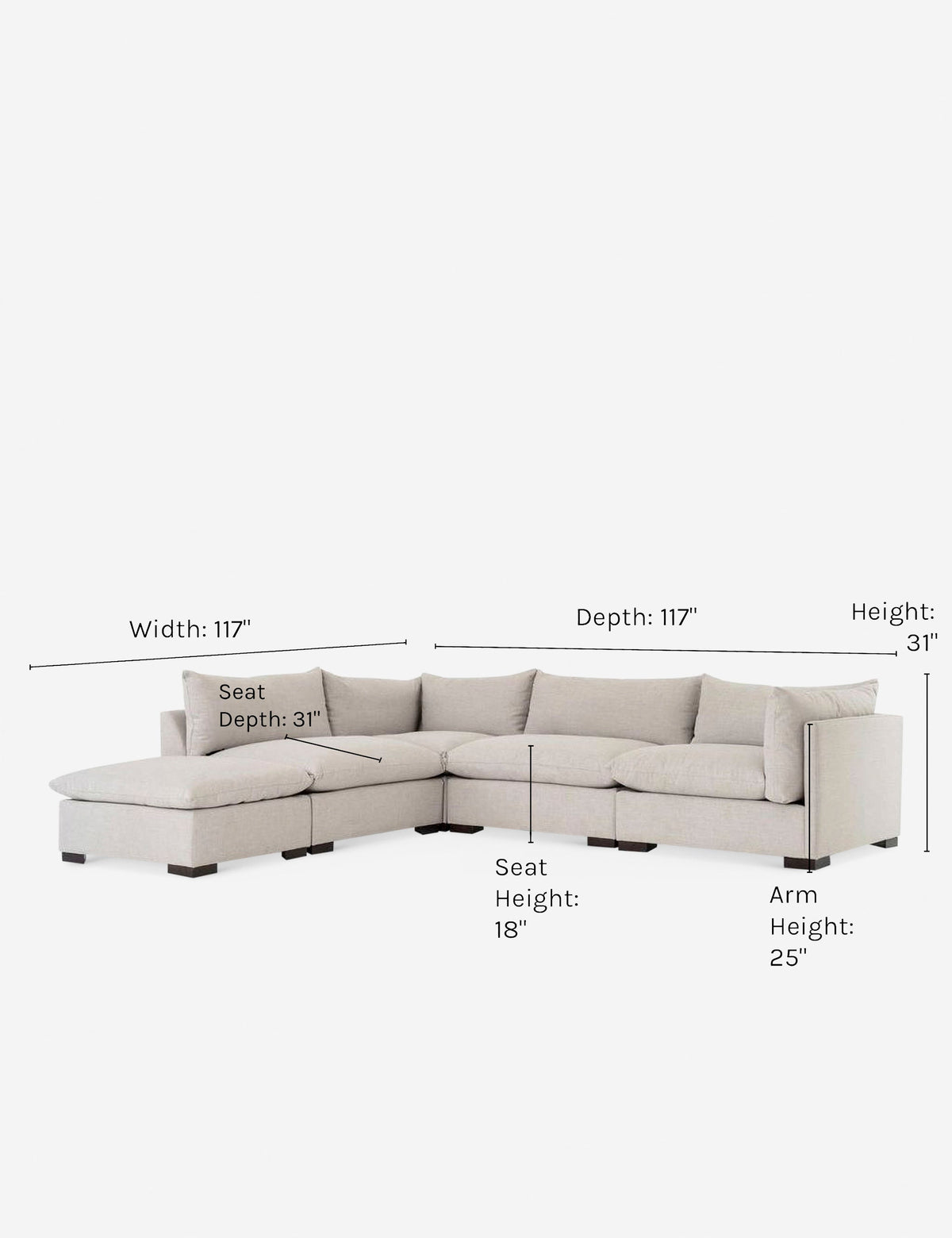 | Dimensions on the Mitzi gray linen modular sectional sofa