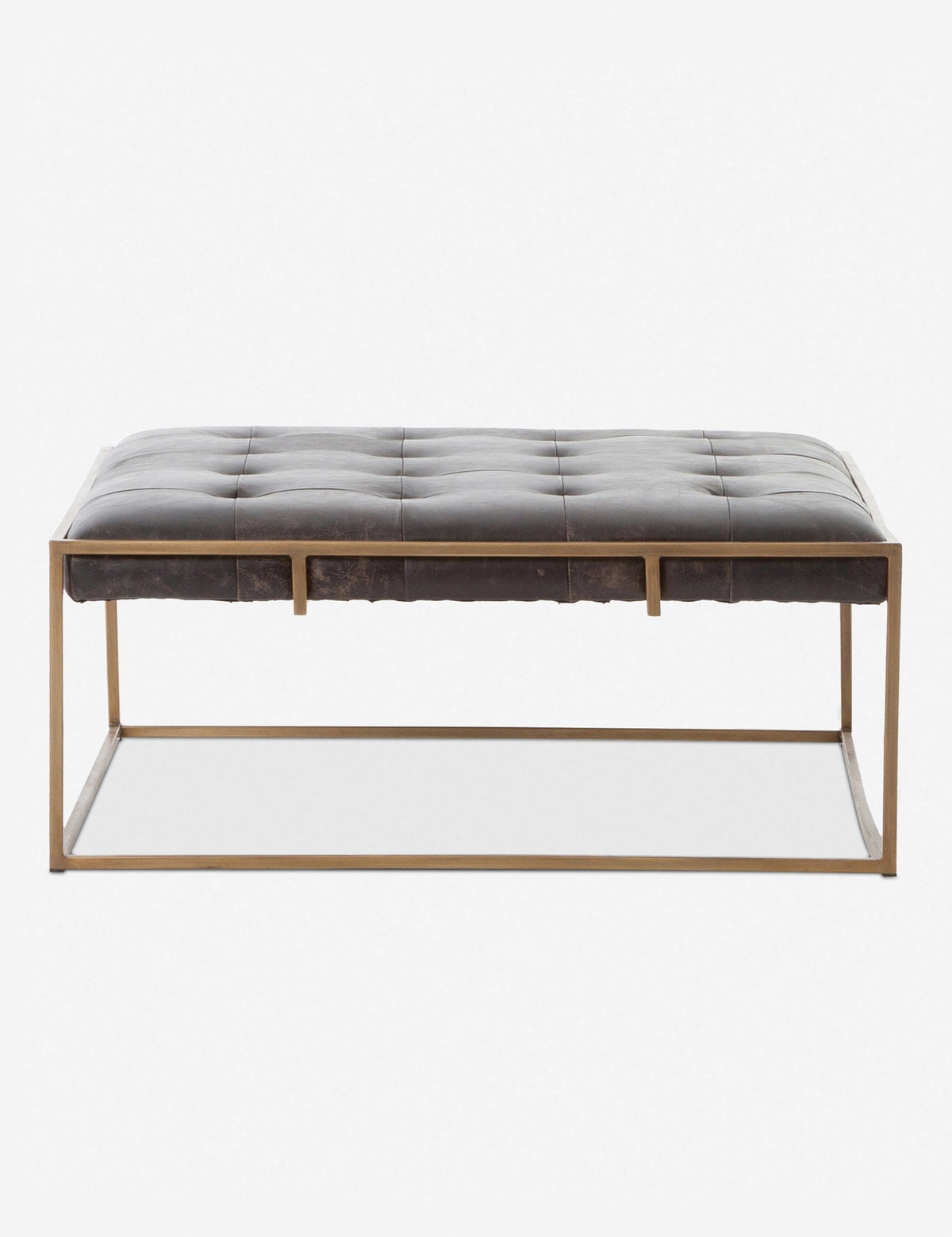 | Olwina Square Black Leather Coffee Table with a tufted finish and a brass-tone metal frame