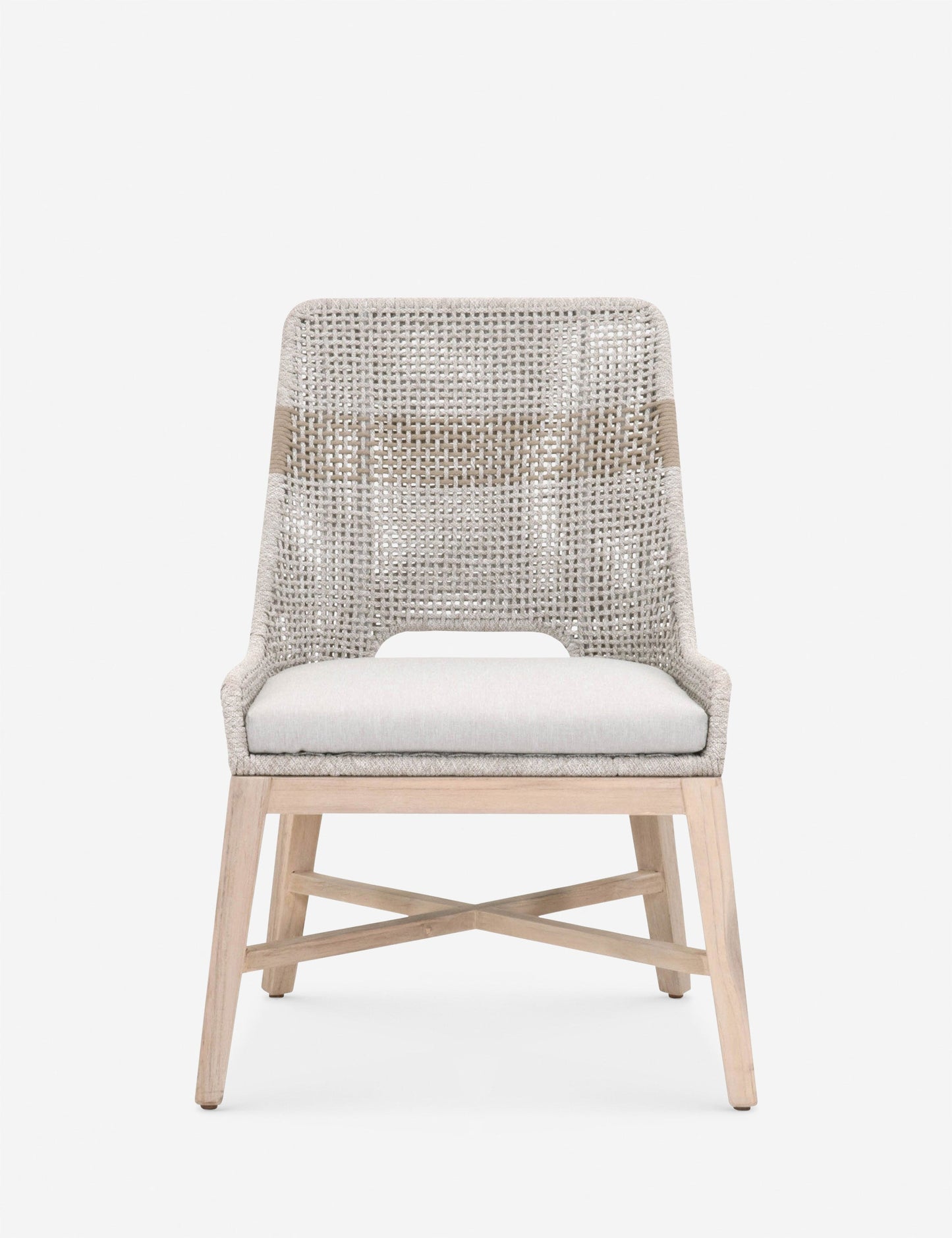 | Panorama Gray Indoor / Outdoor Dining Chair (Set of 2) with a low back, woven rope backing, tapered teak legs, and removable cushions