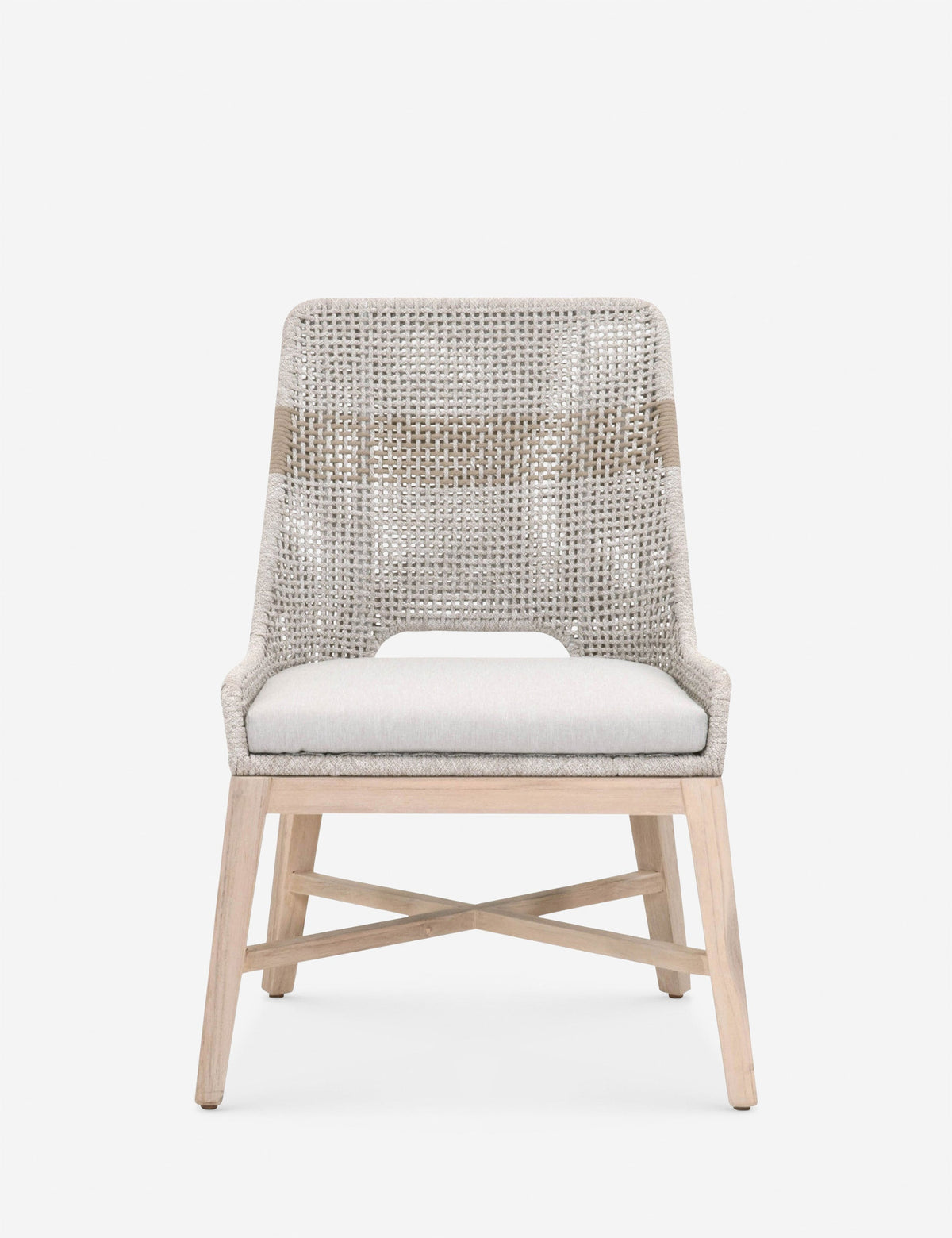 | Panorama Gray Indoor / Outdoor Dining Chair (Set of 2) with a low back, woven rope backing, tapered teak legs, and removable cushions