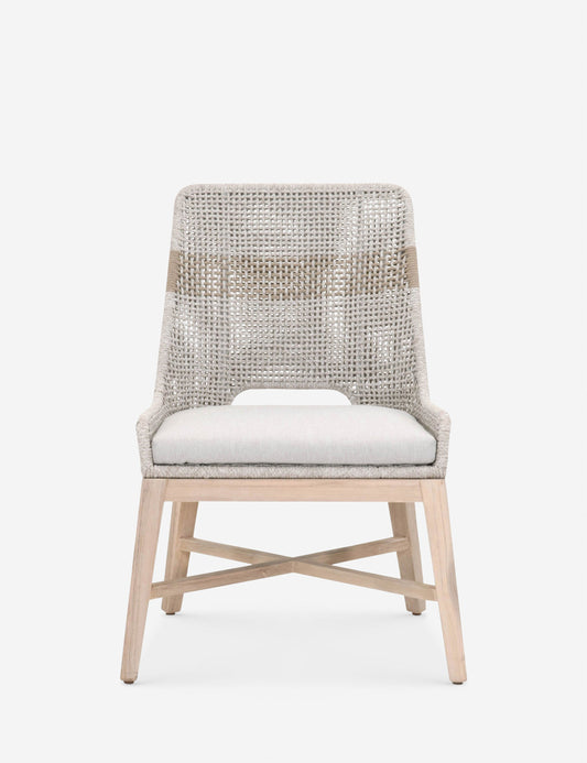 | Panorama Gray Indoor / Outdoor Dining Chair (Set of 2) with a low back, woven rope backing, tapered teak legs, and removable cushions