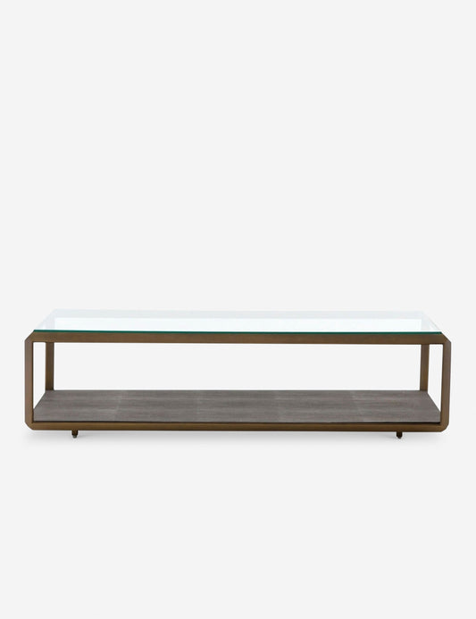 | Eryn shadow-box style Coffee Table with a clear glass top and oiled-bronze frame